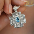 Squared Greek Cross - Sterling Silver with Center Stone - Orthodox Cross Necklace