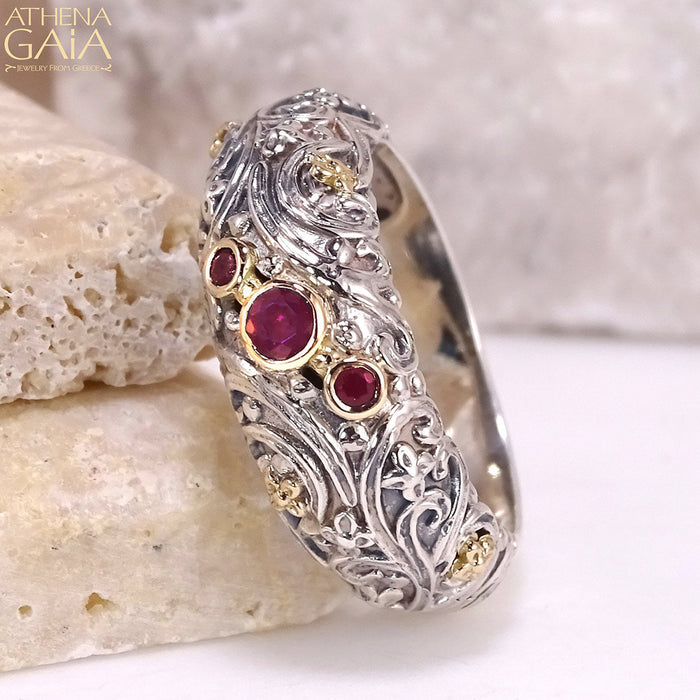 Meadow Breeze Stone Path Floral Band Ring - 18k Gold & Sterling Silver Ring - Stackable Ring (In-Stock)