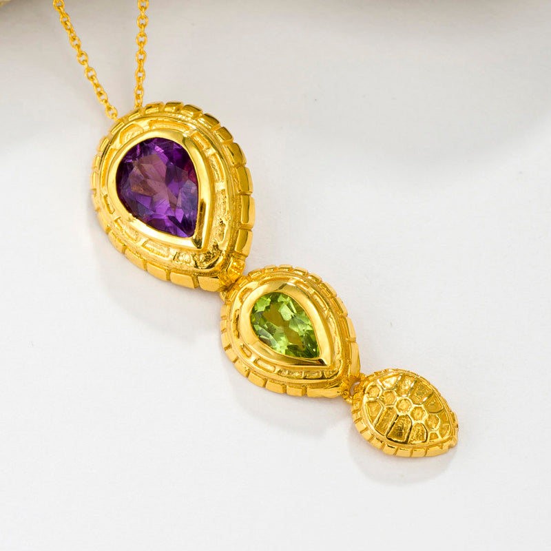 Cosmos Double Stone Tortoise Drop Pendant Necklace - 18k Gold Necklace
