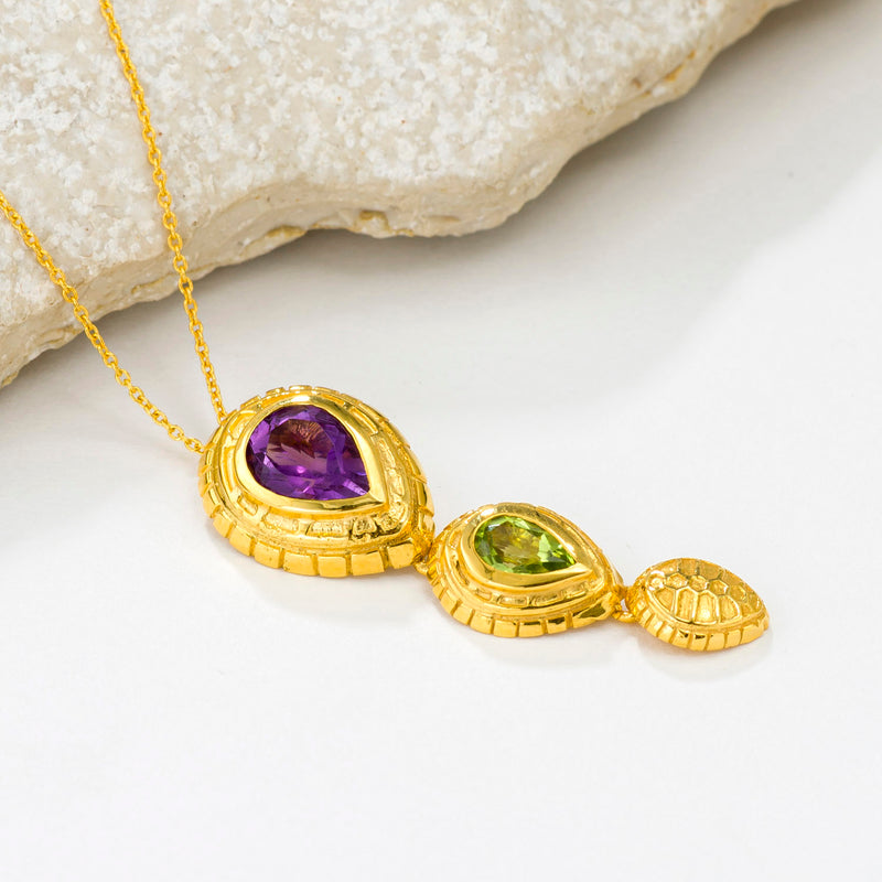 Cosmos Double Stone Tortoise Drop Pendant Necklace - 18k Gold Necklace