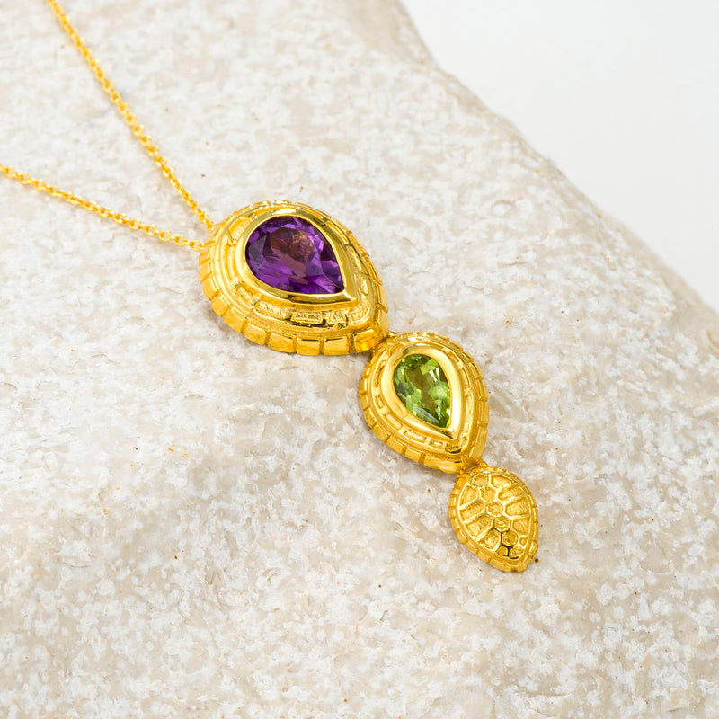 Cosmos Double Stone Tortoise Drop Pendant Necklace - 18k Gold Necklace