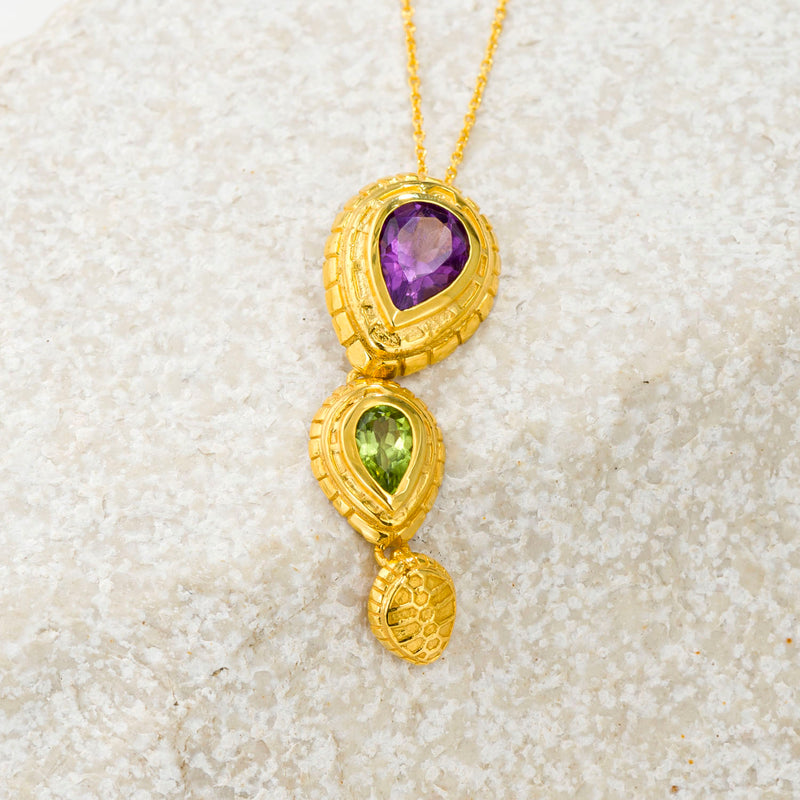 Cosmos Double Stone Tortoise Drop Pendant Necklace - 18k Gold Necklace