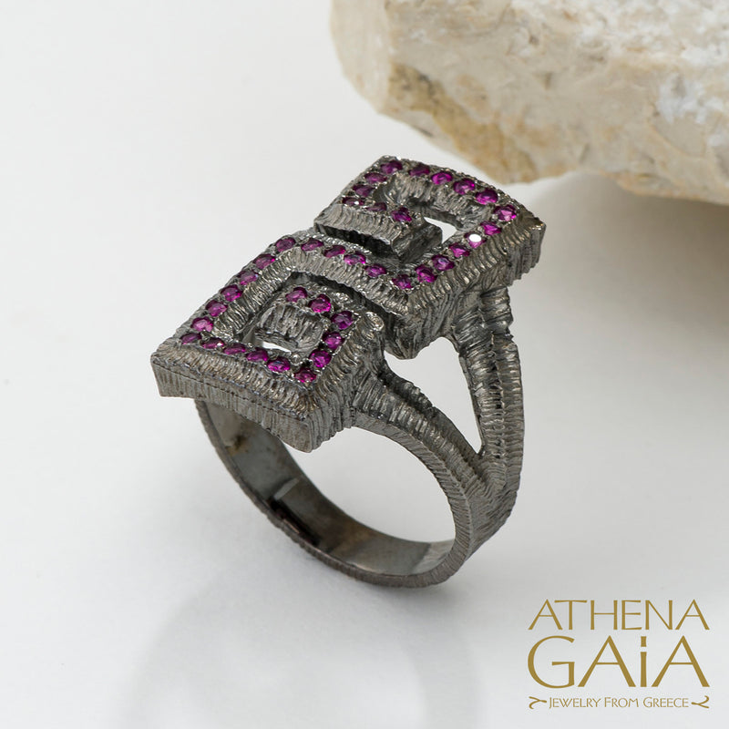 Long Meander Stone Ring - 18k Gold Ring - Cocktail Ring