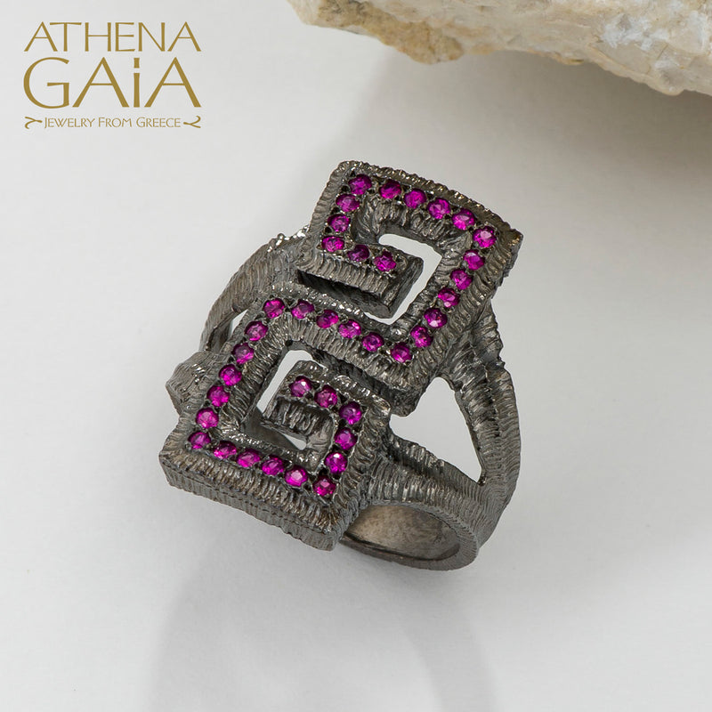 Long Meander Stone Ring - 18k Gold Ring - Cocktail Ring