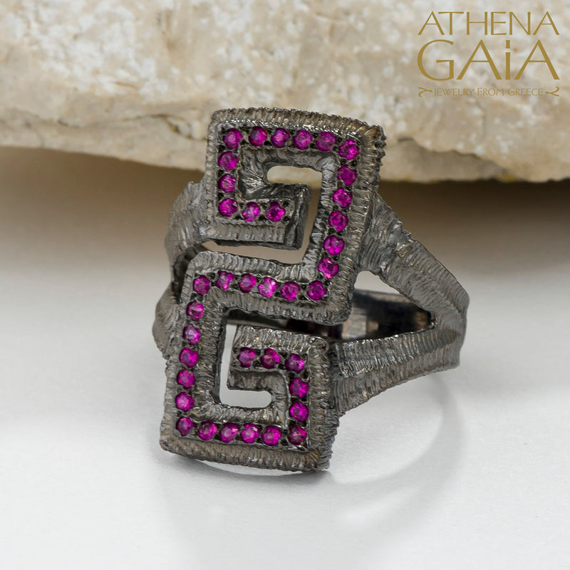 Long Meander Stone Ring - 18k Gold Ring - Cocktail Ring