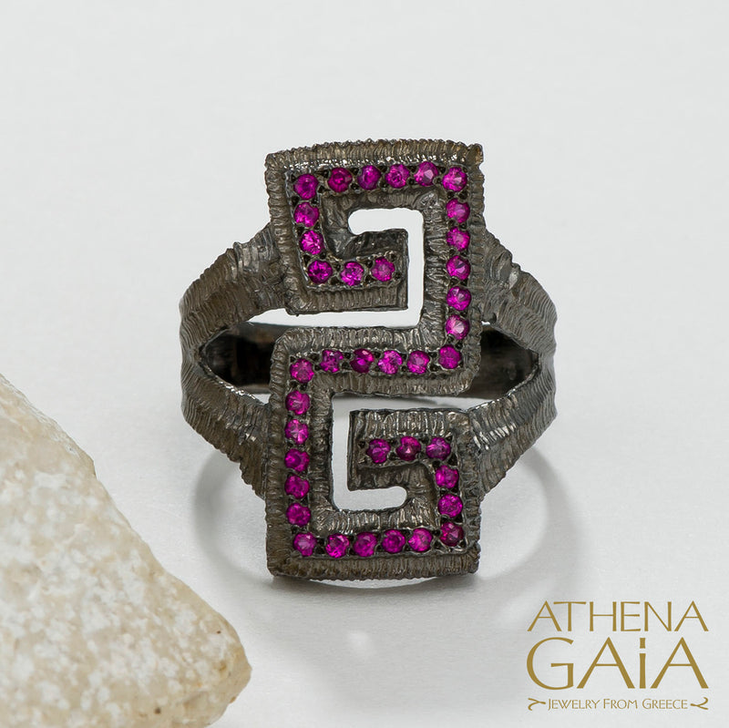 Long Meander Stone Ring - 18k Gold Ring - Cocktail Ring