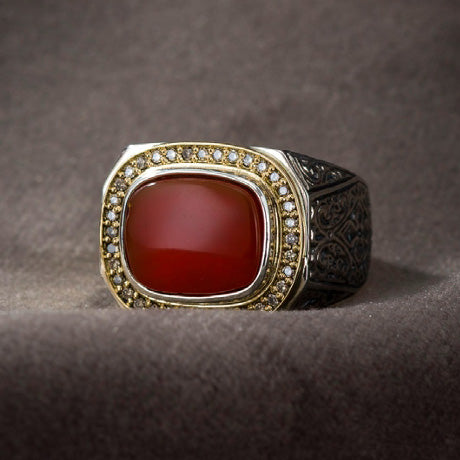 Cabochon with Diamonds Ring - 18k Gold & Sterling Silver Men's Ring - Club Ring