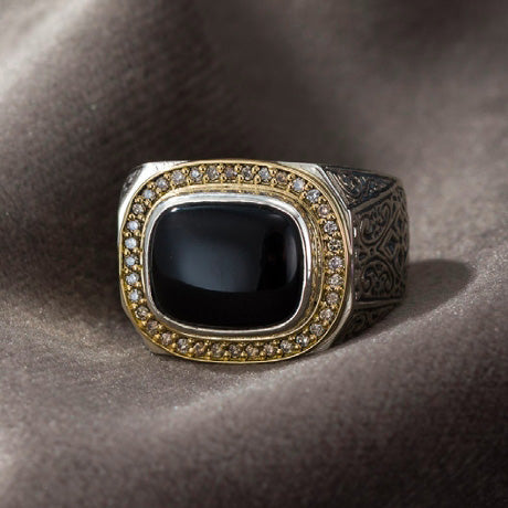 Cabochon with Diamonds Ring - 18k Gold & Sterling Silver Men's Ring - Club Ring