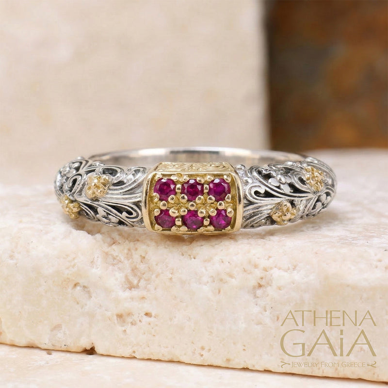 Meadow Breeze Six Stone Field Band Ring - 18k Gold & Sterling Silver - Stackable Ring
