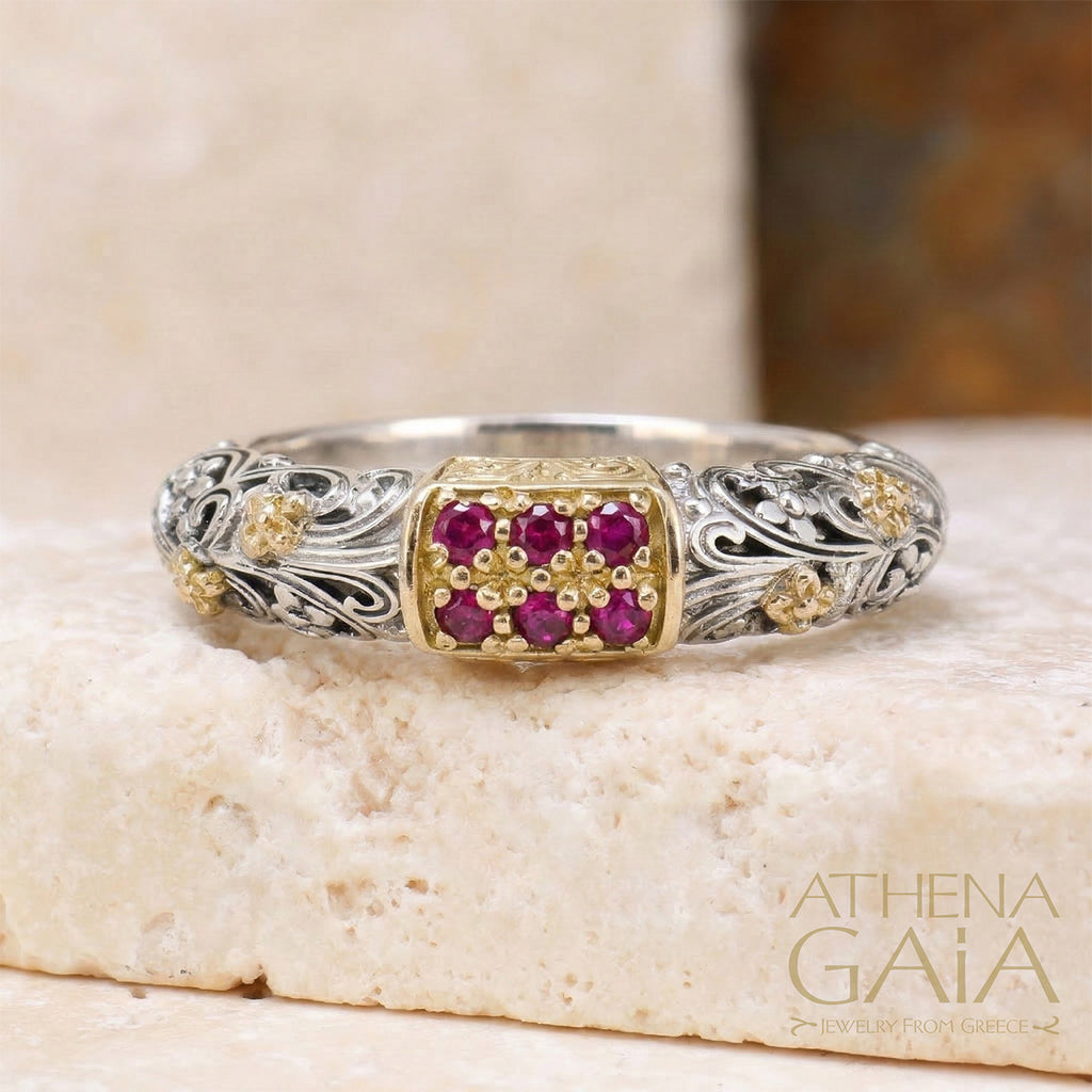 Meadow Breeze Six Stone Field Band Ring - 18k Gold & Sterling Silver - Stackable Ring