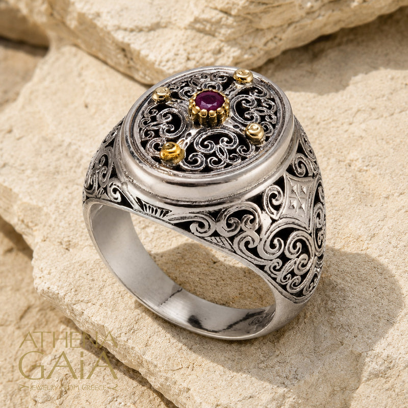 Oval Synergy Cross Ring - 18k Gold & Sterling Silver Ring - Signet Ring