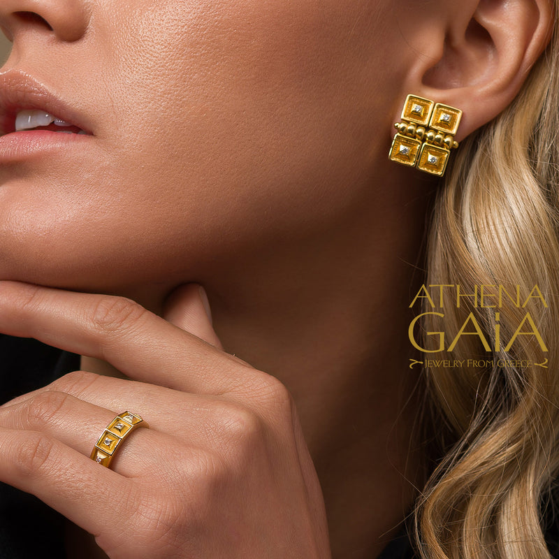 Quad Symmetry Earrings - 18k Gold Earrings - Omega Clip Earrings