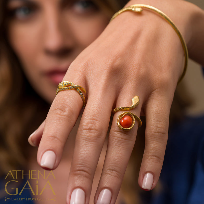 Mythology Snakes Stone and Diamond Ring - 18k Gold Ring - Cocktail Ring