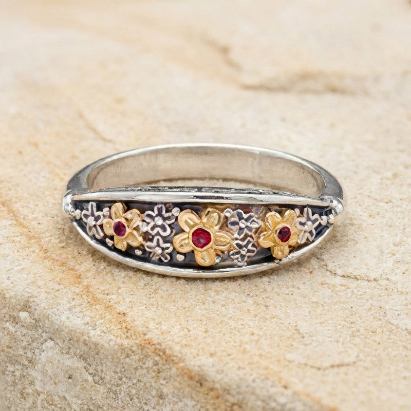 Wild Flower Thin Stone Ring - 18k Gold & Sterling Silver - Stackable Ring