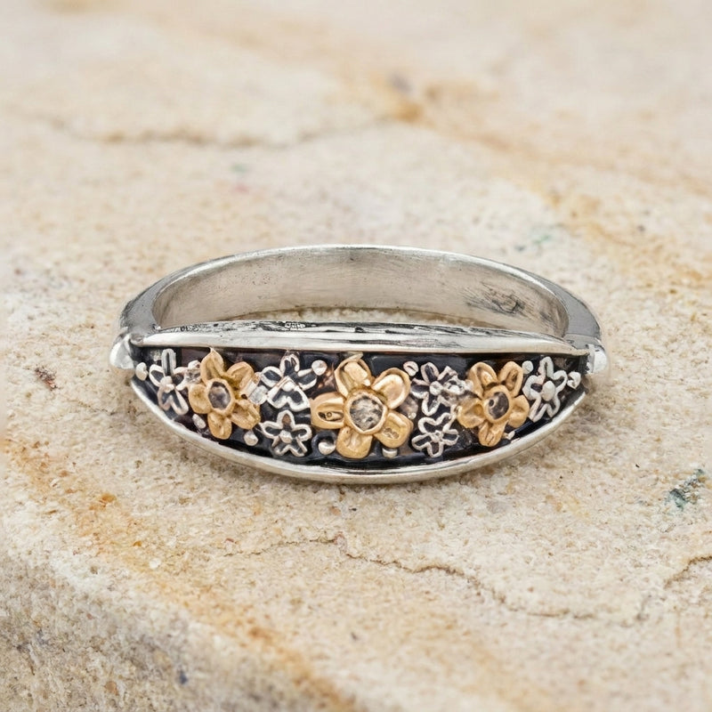Wild Flower Thin Stone Ring - 18k Gold & Sterling Silver - Stackable Ring