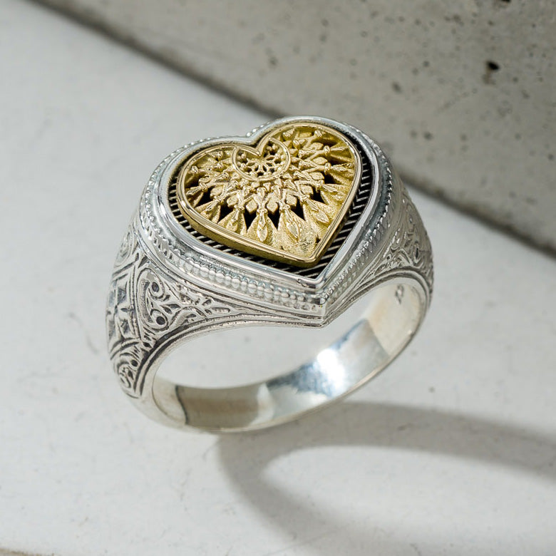 Heart Dream Catcher Ring - 18k Gold & Sterling Silver Ring - Signet Ring