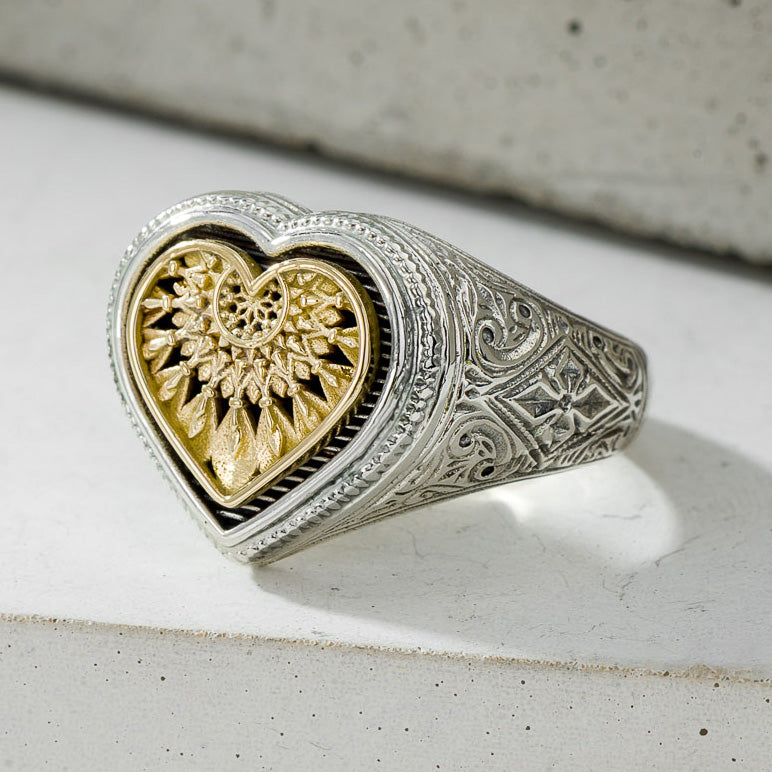 Heart Dream Catcher Ring - 18k Gold & Sterling Silver Ring - Signet Ring