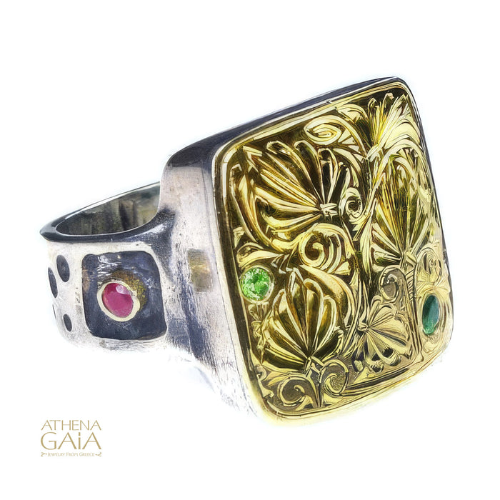 Rustic Anthemion Stone Ring - 18k Gold & Sterling Silver Ring - Cocktail Ring