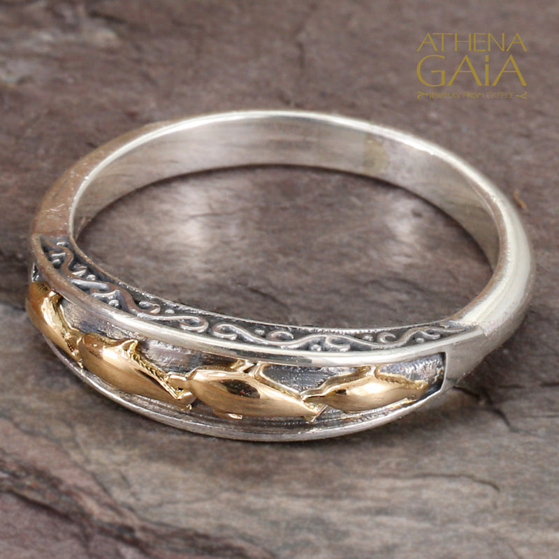 Thalassa Dolphins Band Ring - 18k Gold & Sterling Silver Ring - Stackable Ring (In-Stock)
