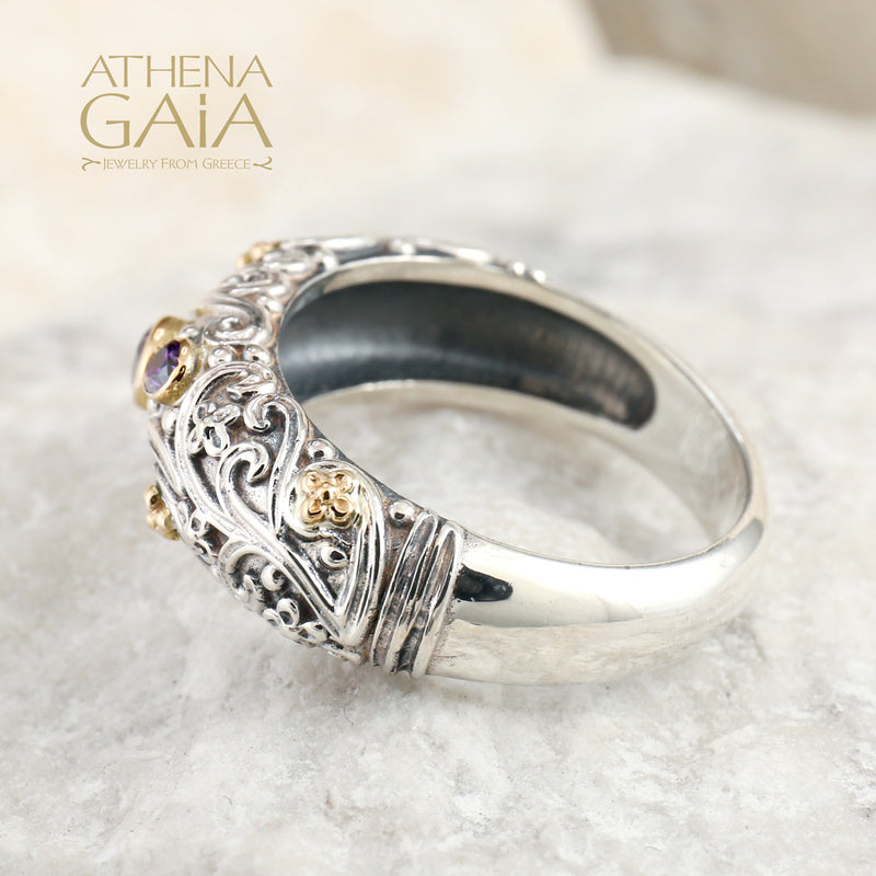 Meadow Breeze Stone Path Floral Band Ring - 18k Gold & Sterling Silver Ring - Stackable Ring (In-Stock)