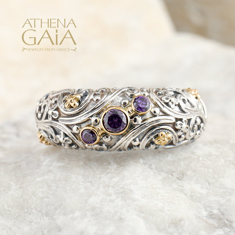 Meadow Breeze Stone Path Floral Band Ring - 18k Gold & Sterling Silver Ring - Stackable Ring (In-Stock)