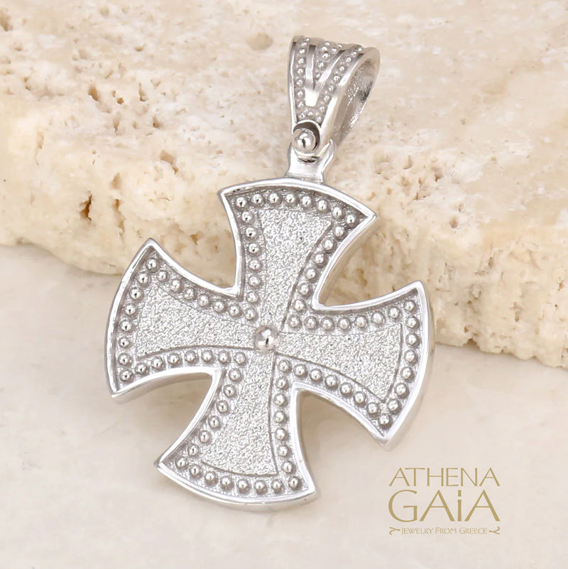 Beaded Maltese Cross - 14k White Gold - Greek Cross (In-Stock)