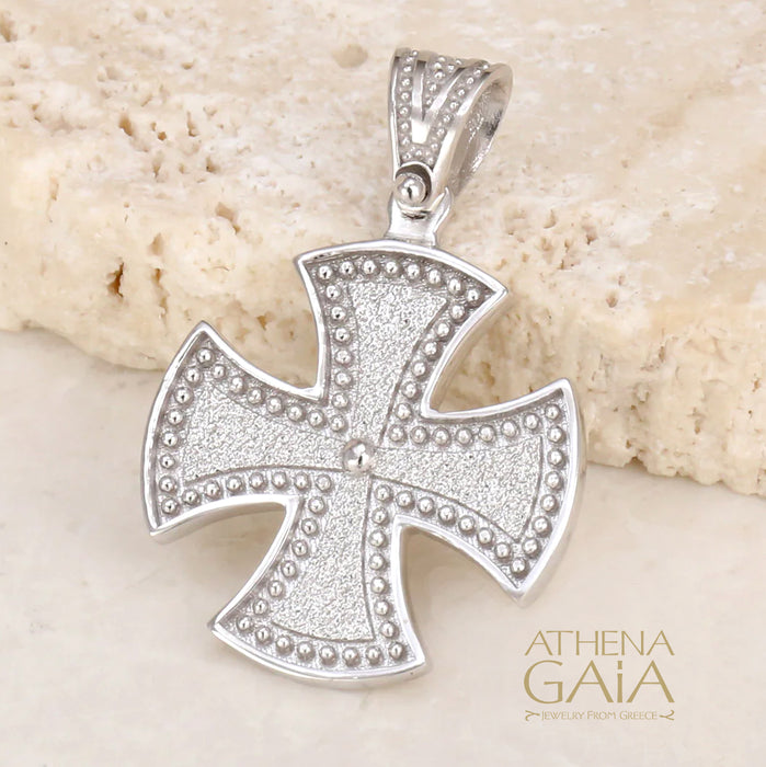 Beaded Maltese Cross - 14k White Gold - Greek Cross (In-Stock)