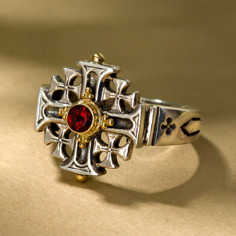 Jerusalem Cross Ring - 18k Gold & Sterling Silver Ring - Signet Ring