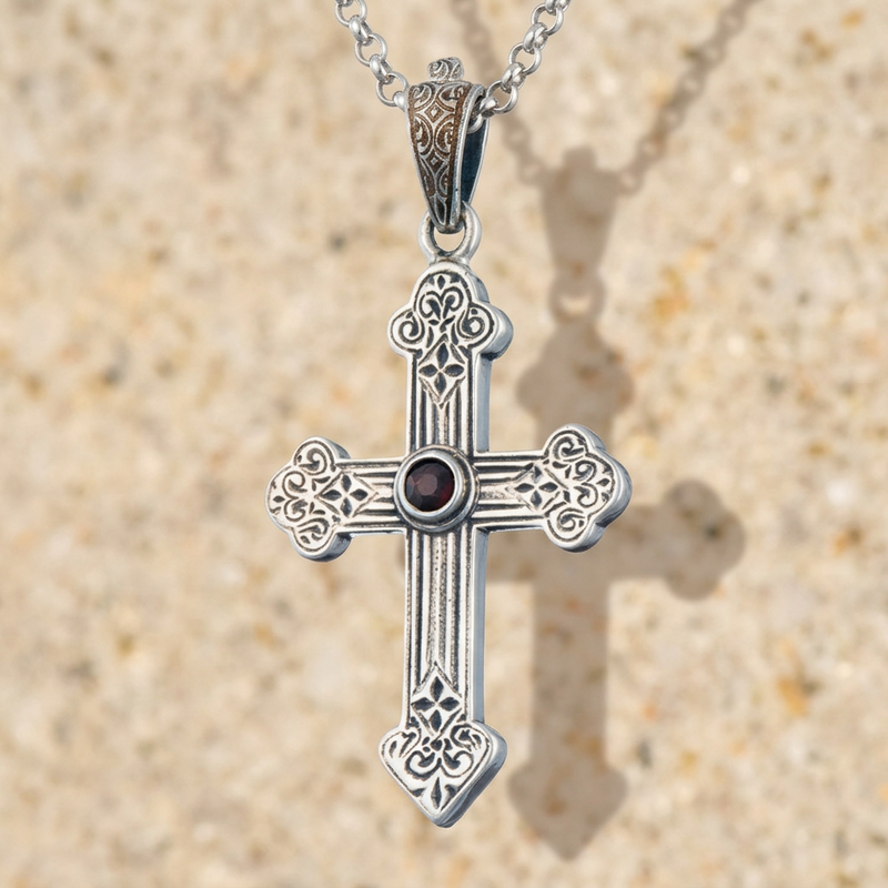 Classic Silver Orthodox Cross with Gemstone (Small) - 18k Gold & Sterling Silver - Orthodox Cross