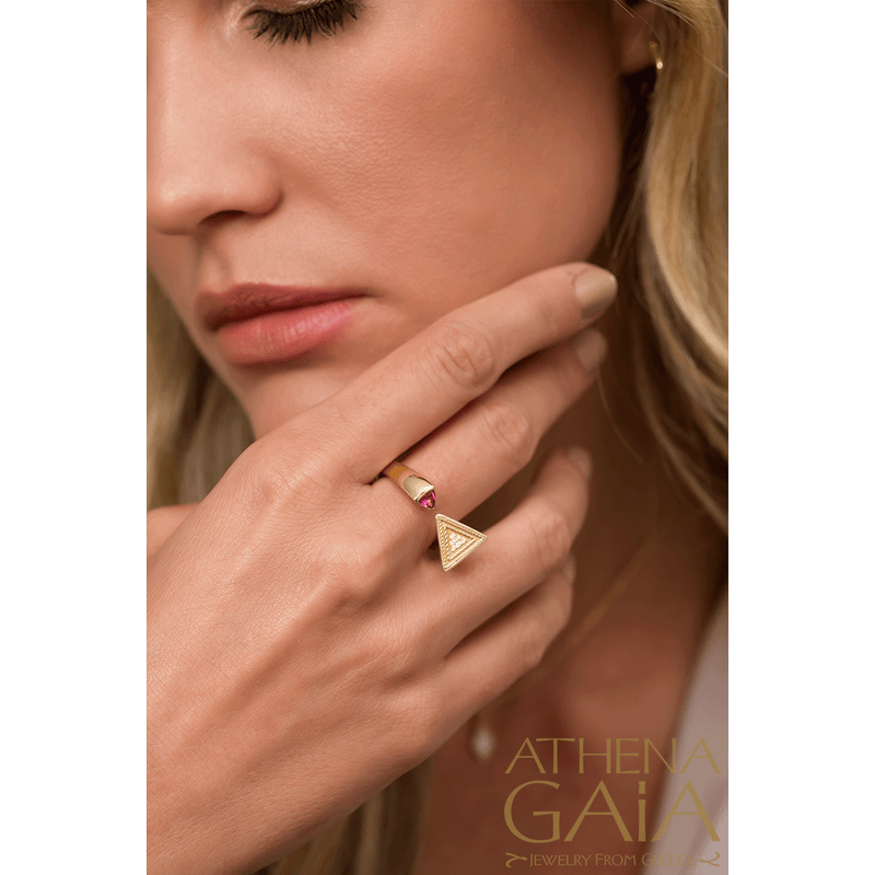 A model wearing an open ring with two faces