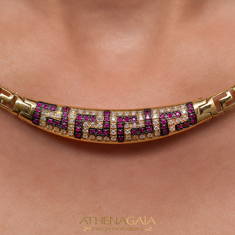 Thick Gold with Rubies Meander Necklace - 18k Gold Necklace