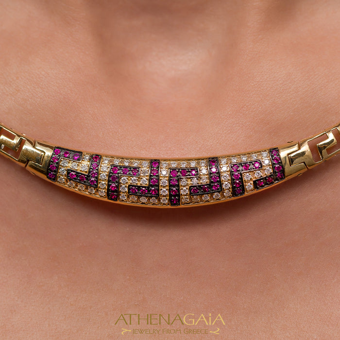 Thick Gold with Rubies Meander Necklace