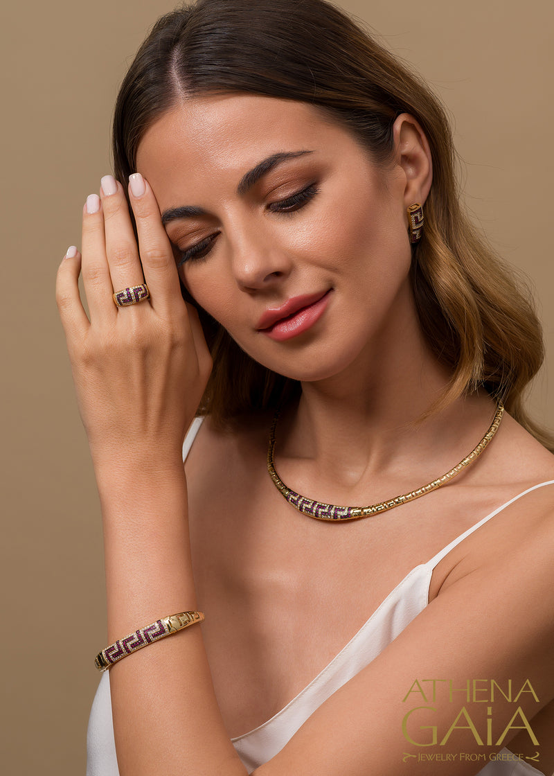 Thick Gold with Rubies Meander Necklace - 18k Gold Necklace