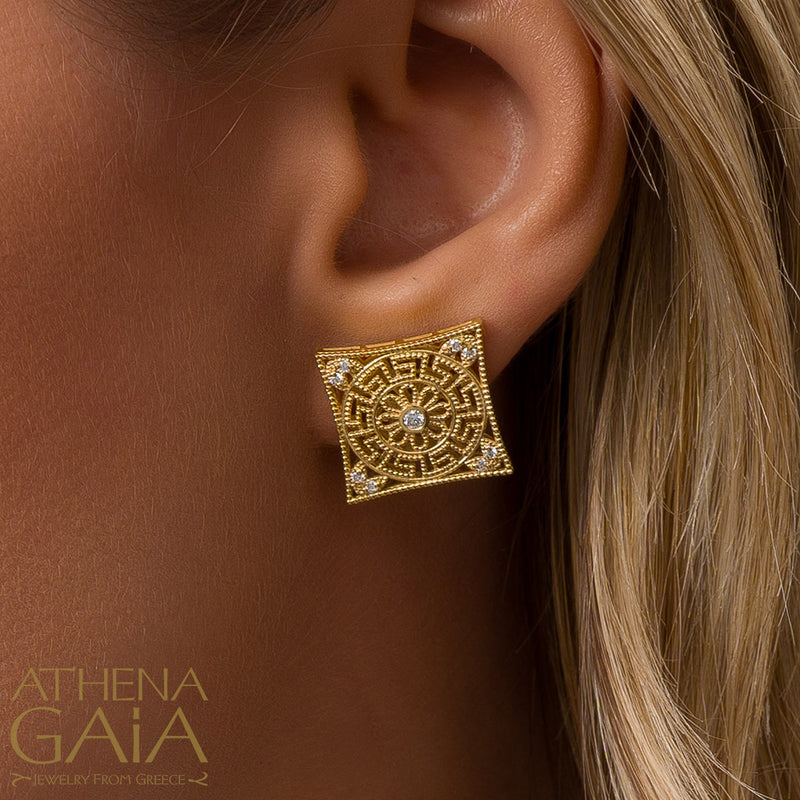 Tetragono Gold Grid Earrings - 18k Gold Earrings - Post Earrings