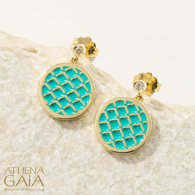 Periklista Round Enamel  Drop Earrings - 18k Gold Earring - Post Earrings