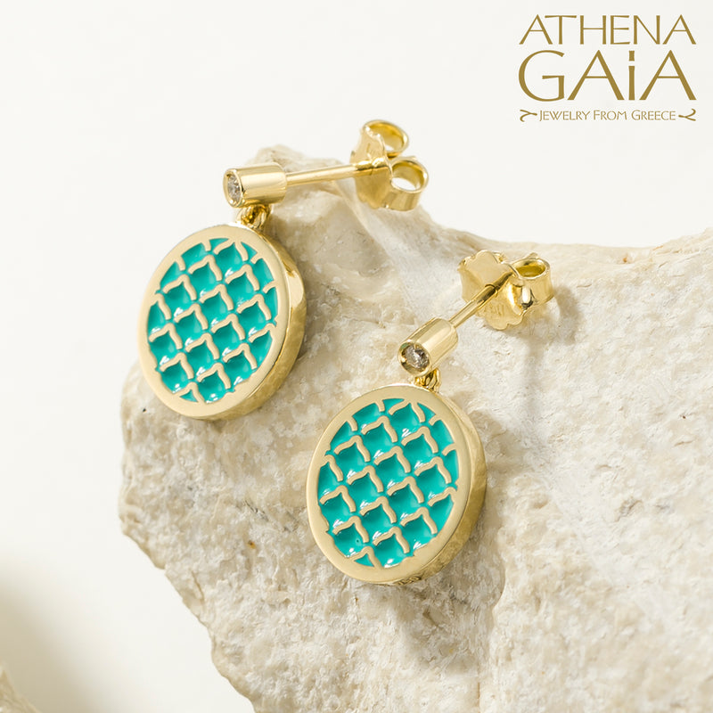 Periklista Round Enamel  Drop Earrings - 18k Gold Earring - Post Earrings