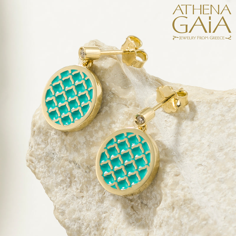 Periklista Round Enamel  Drop Earrings - 18k Gold Earring - Post Earrings