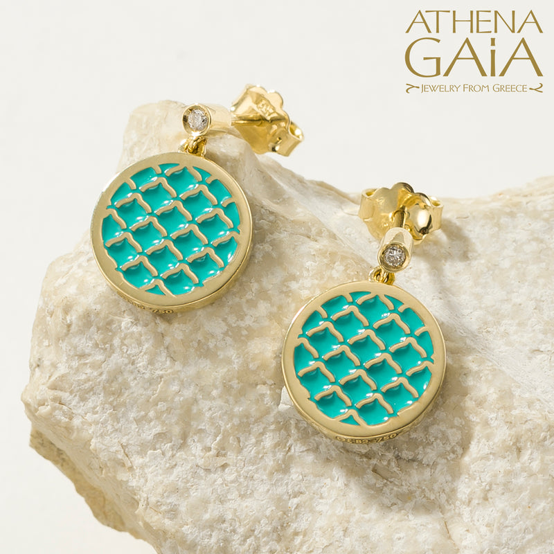 Periklista Round Enamel  Drop Earrings - 18k Gold Earring - Post Earrings