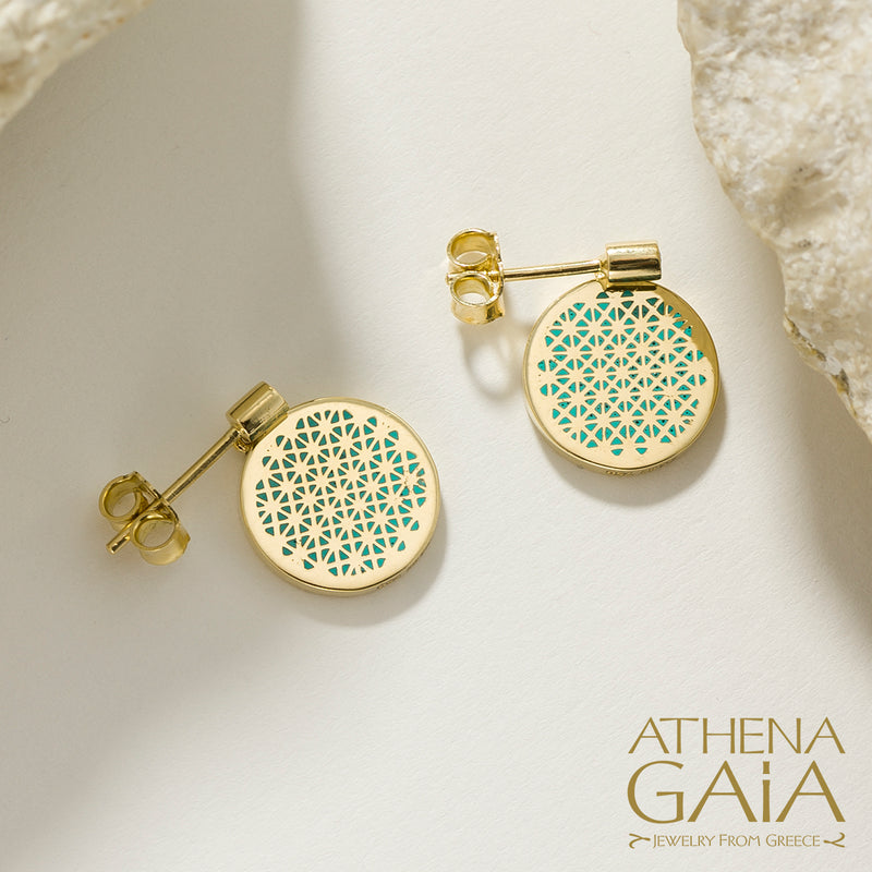 Periklista Round Enamel  Drop Earrings - 18k Gold Earring - Post Earrings