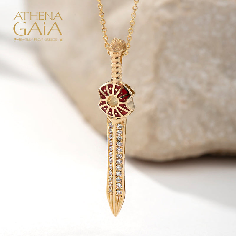 Olympian Ares Sword and Shield Enamel Pendant Necklace - 18k Gold Necklace