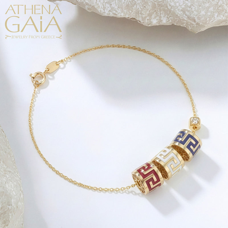 Eternal Rolling Triple Drum Mother and Children Greek Key Bracelet - 18k Gold Bracelet