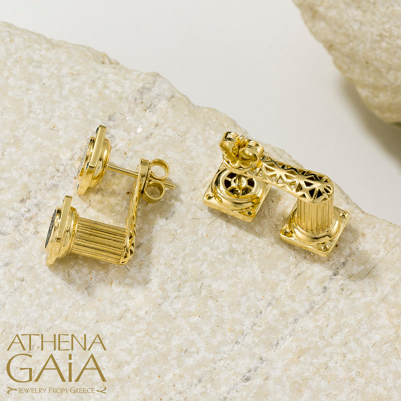 Doric Cap Pillar Earrings - 18k Gold Earrings - Post Earrings
