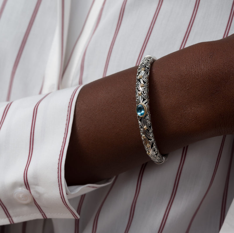 Meadow Breeze Oval Stone Bracelet - 18k Gold and Sterling Silver - Hinged Bangle Bracelet