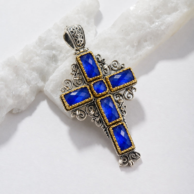 Dione Long Filigree Doublet Cross - Sterling Silver & Gold Plating - Latin Cross