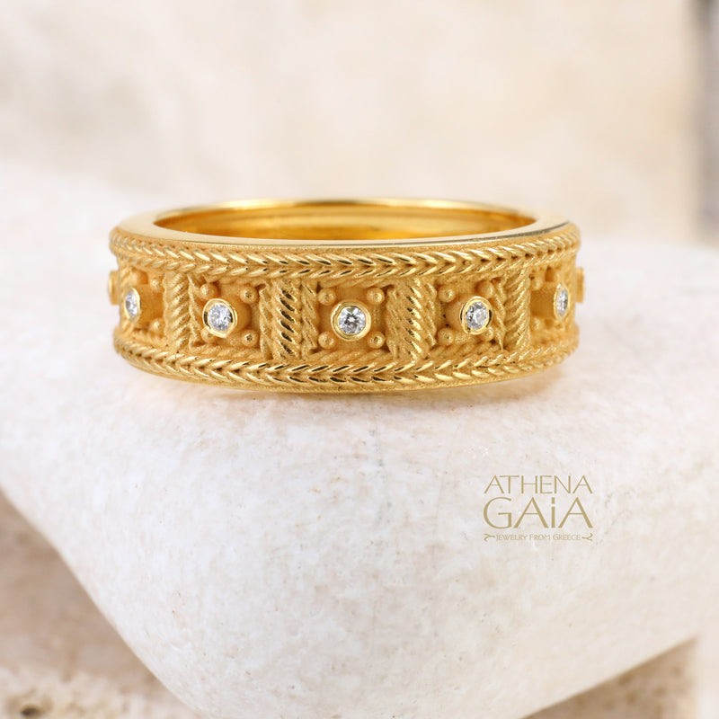 Woven Border Block Ring - 18k Gold - Stackable Ring
