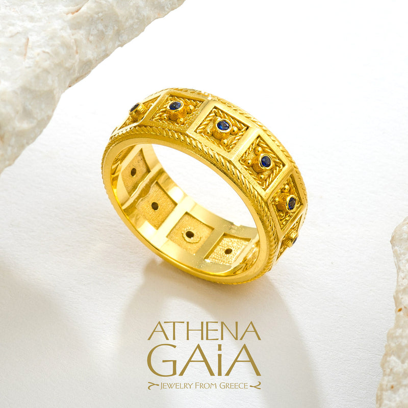 Byzantine Embroidery Rope Border Block Ring - 18k Gold Ring - Stackable Ring (In-Stock)