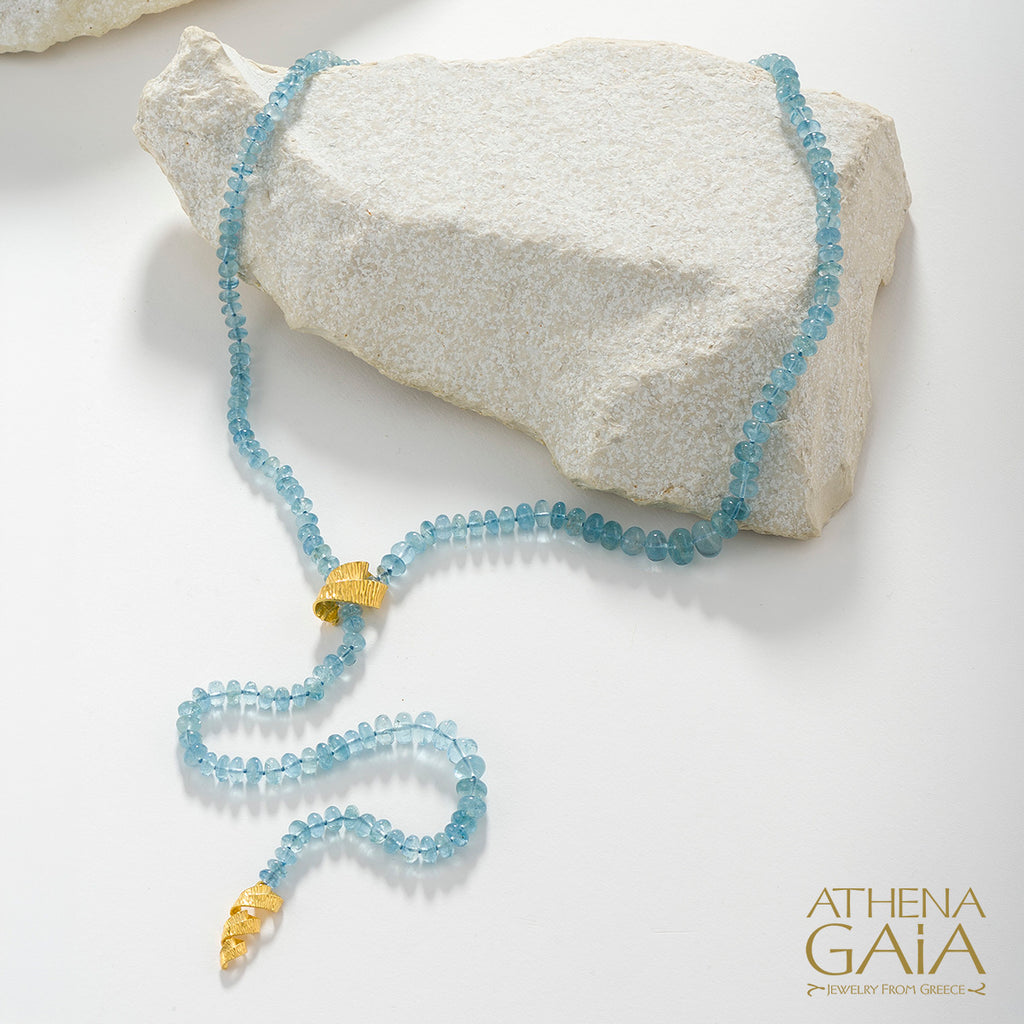 Looping Ribbons Aquamarine River Necklace - 18k Gold Necklace -  Beaded Lariat Necklace
