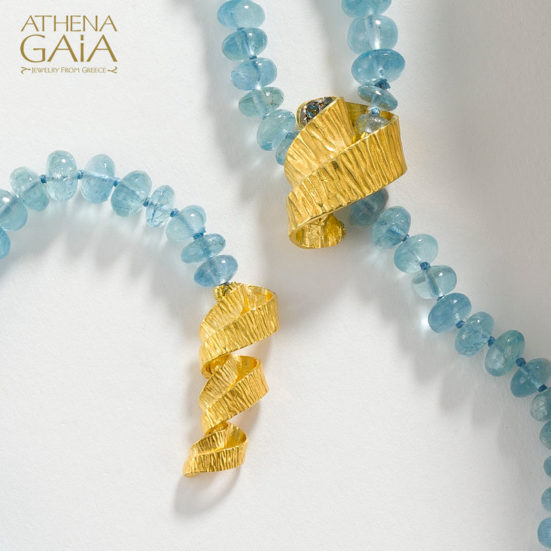 Looping Ribbons Aquamarine River Necklace - 18k Gold Necklace -  Beaded Lariat Necklace