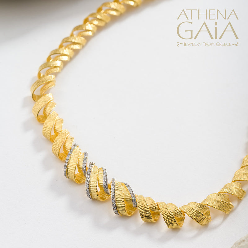 Looping Ribbon with Diamonds Necklace - 18k Gold Necklace - Collar Necklace