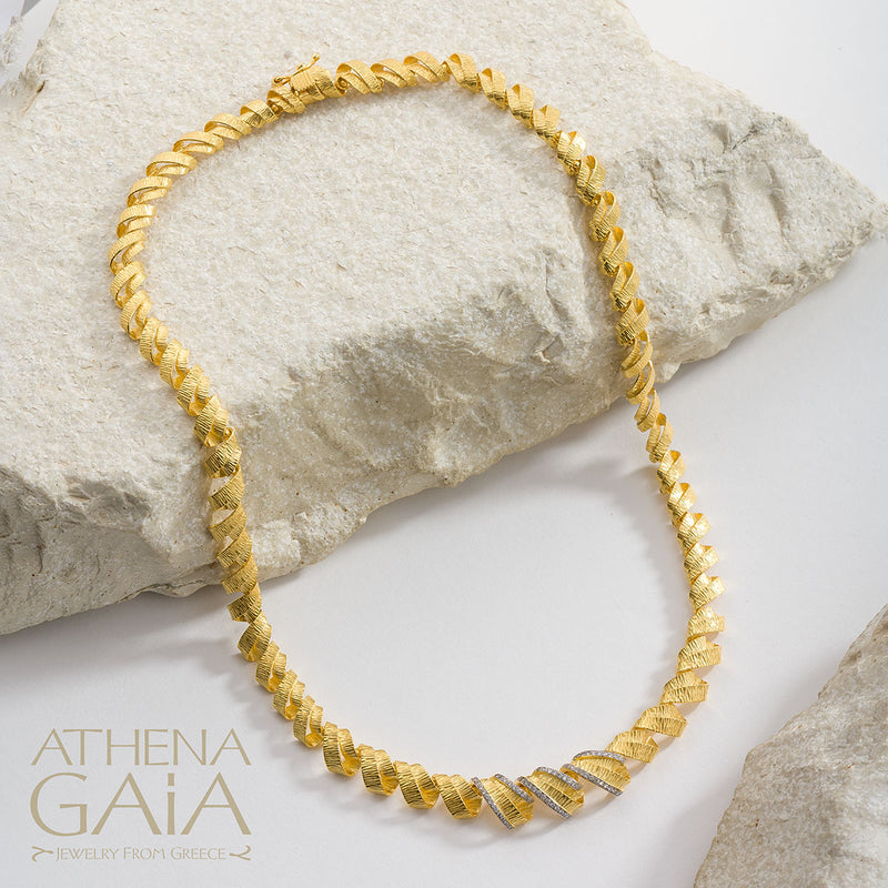 Looping Ribbon with Diamonds Necklace - 18k Gold Necklace - Collar Necklace